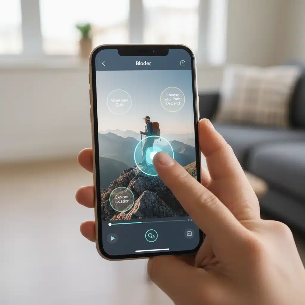 Écran de smartphone affichant une vidéo interactive avec des éléments cliquables et des options de quiz, illustrant l'interactivité.