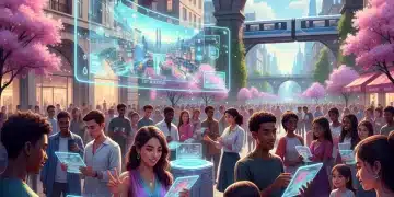 Groupe de personnes diversifiées interagissant avec des vidéos sur différents écrans, symbolisant l'engagement du marketing vidéo interactif.