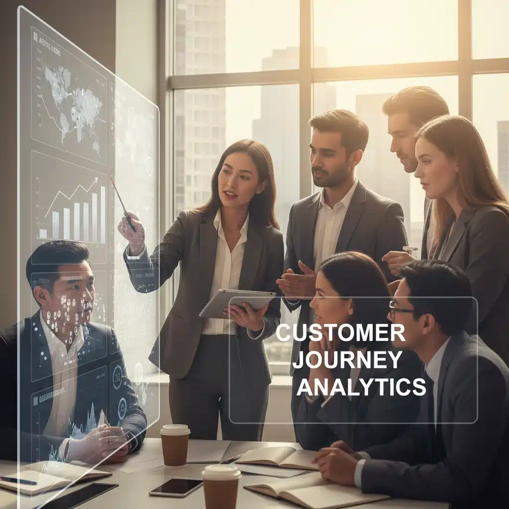 Équipe d'affaires analysant des données clients en temps réel sur un écran interactif pour une prise de décision collaborative.