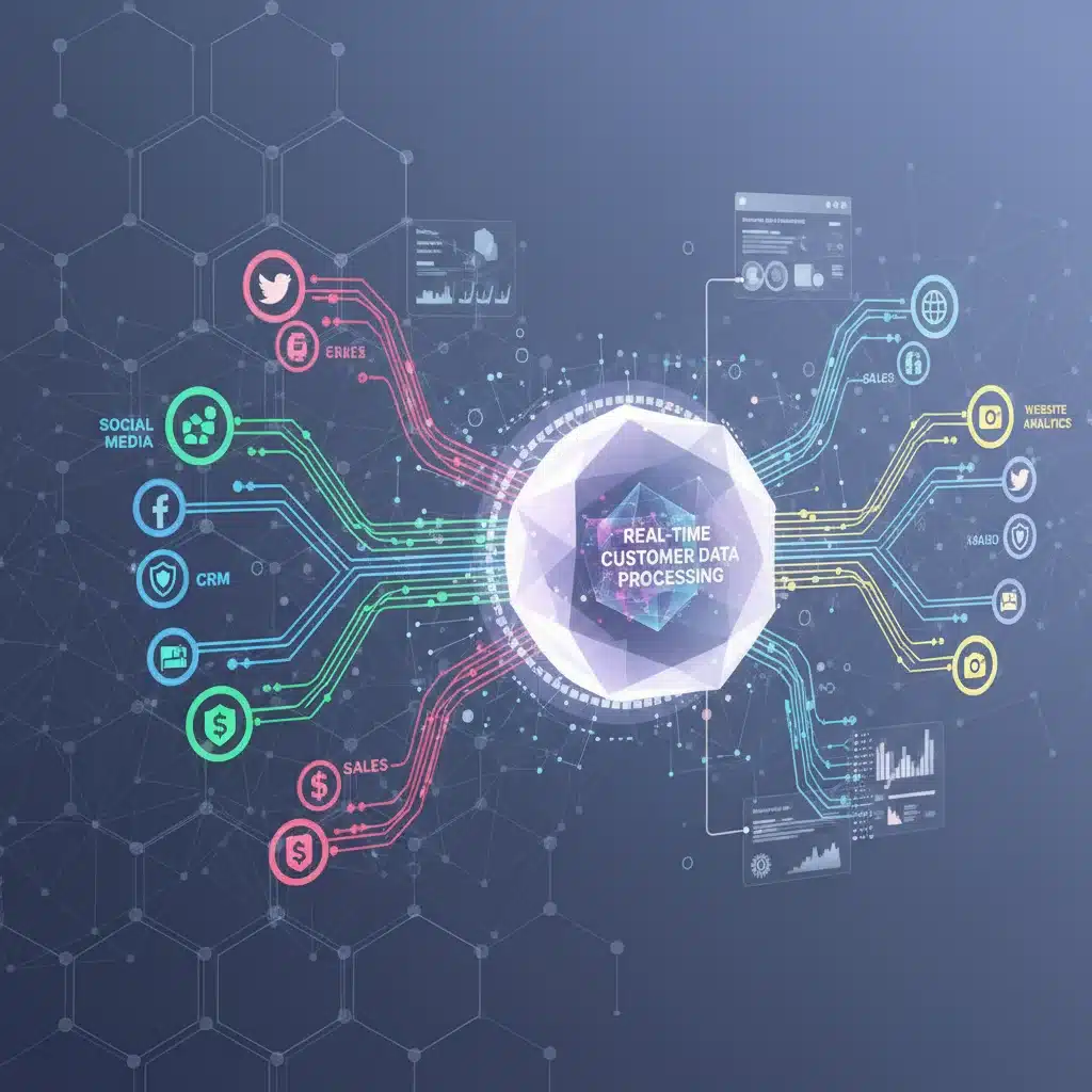 Visualisation d'un réseau complexe de sources de données clients se connectant et étant traitées en temps réel.