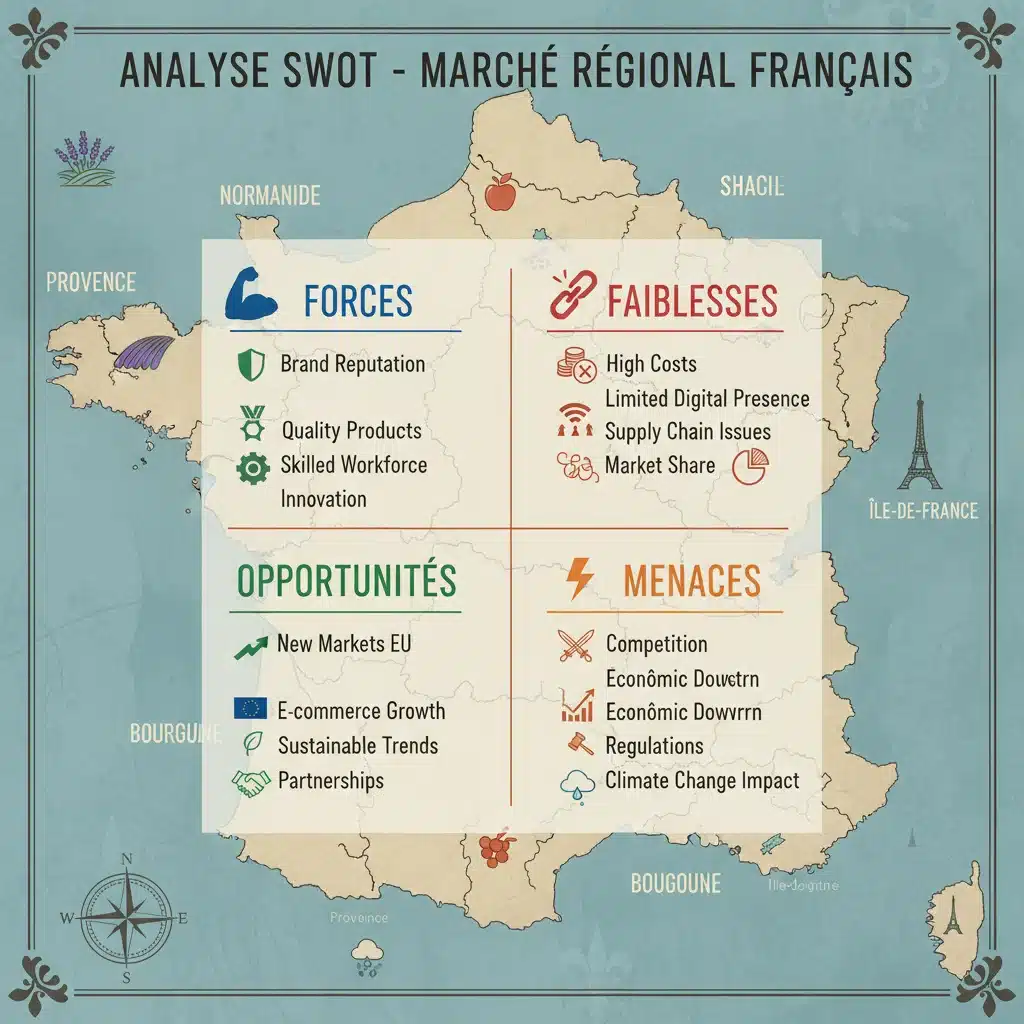 Infographie expliquant les quatre quadrants de l'analyse SWOT avec des icônes représentatives.