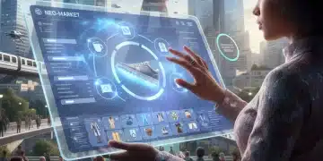 Interface e-commerce futuriste sur tablette, montrant une expérience utilisateur innovante et personnalisée.