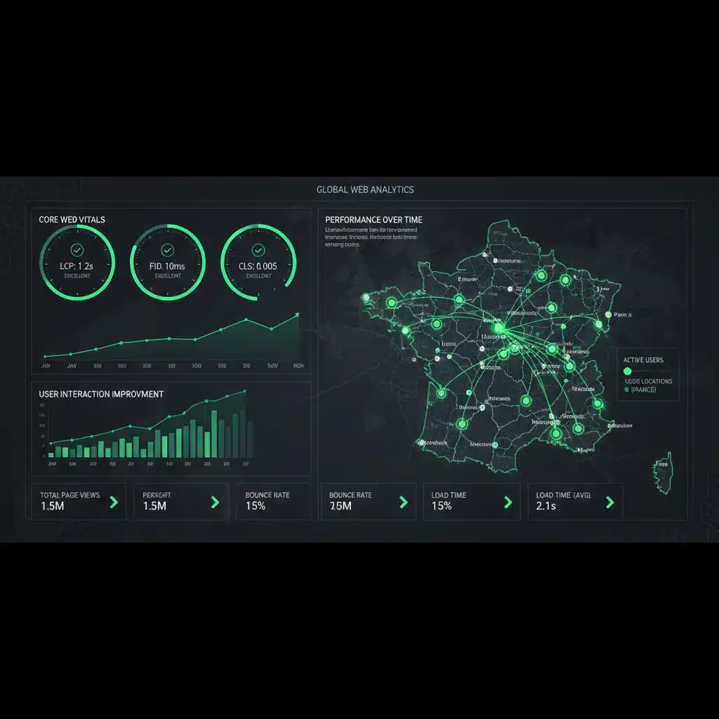Tableau de bord affichant des métriques de performance web (Core Web Vitals) avec des indicateurs positifs, symbolisant une optimisation réussie de la vitesse de chargement.