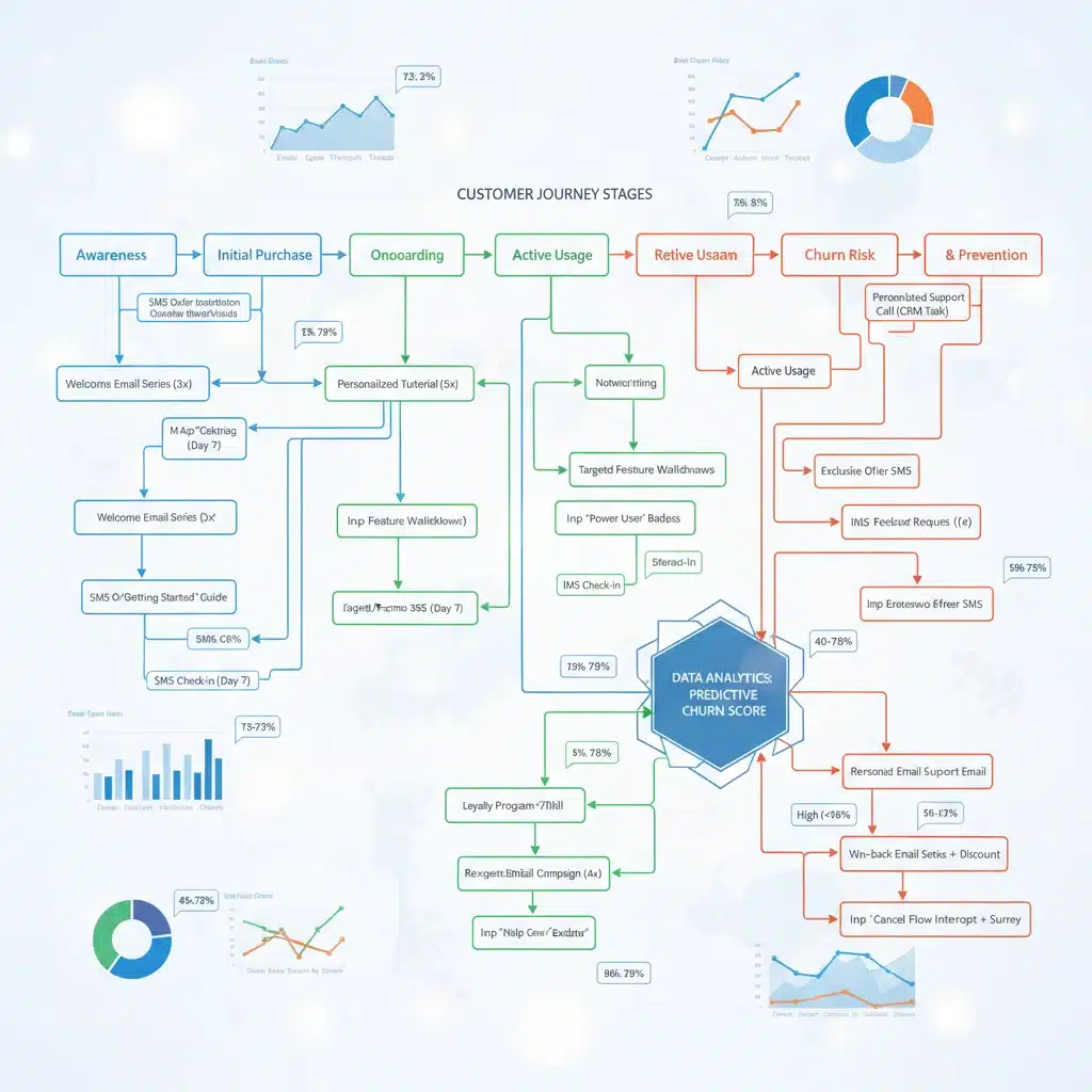 Organigramme complexe du parcours client avec des points de contact automatisés pour la prévention du churn.