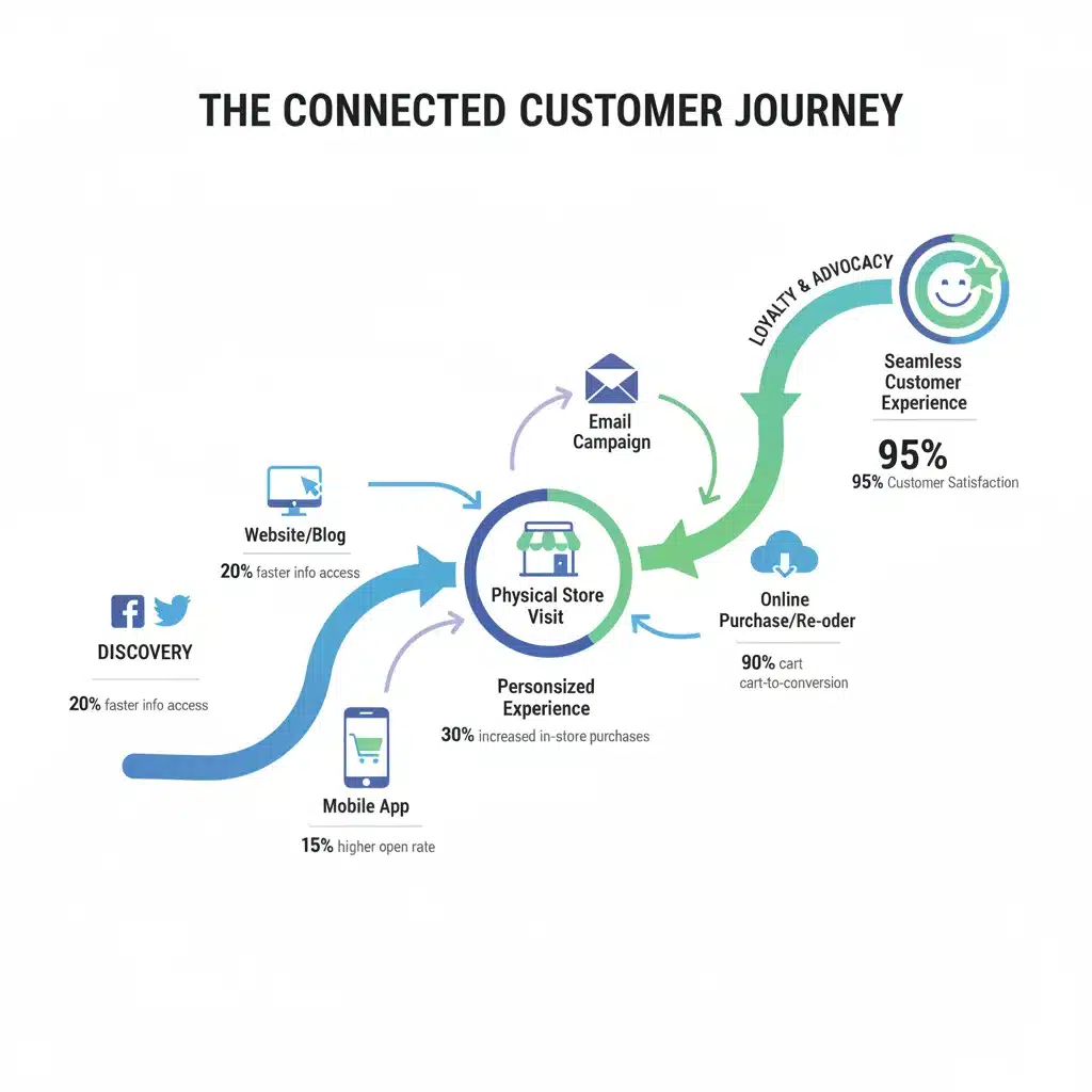 Infographie du parcours client omnicanal fluide et des points de contact interconnectés.