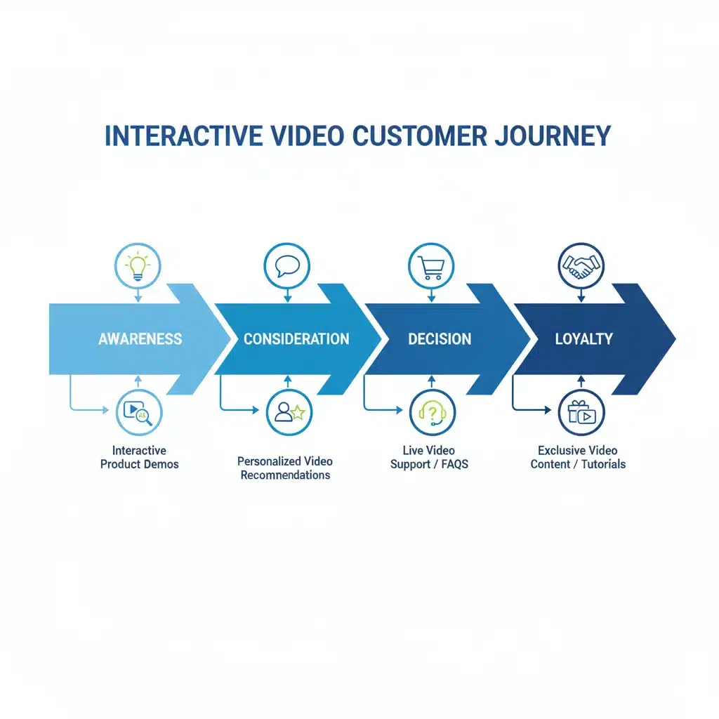 Infographie du parcours client amélioré par la vidéo interactive, montrant les points de contact et l'engagement à chaque étape.