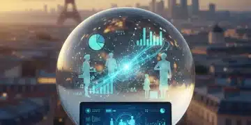 Boule de cristal futuriste montrant des données d'analyse prédictive et des consommateurs français, avec la Tour Eiffel en arrière-plan.