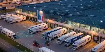 Vue aérienne d'un centre logistique moderne avec des camions de livraison au crépuscule en France.