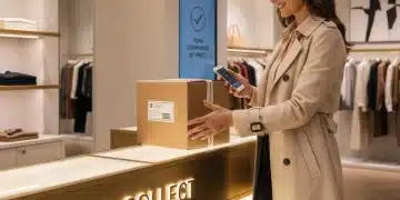 Cliente française souriante récupérant un colis au comptoir Click & Collect d'une boutique moderne, symbole de commodité.