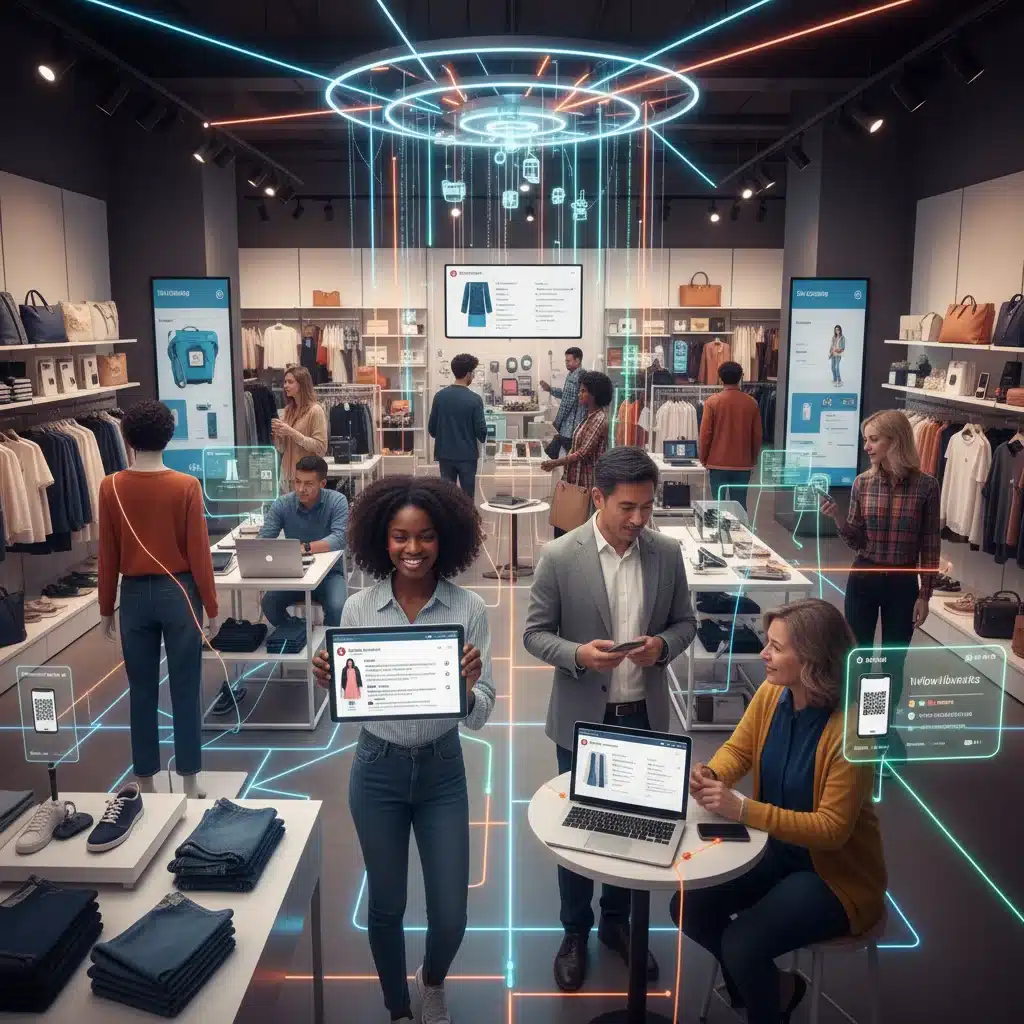 Consommateurs interagissant avec divers canaux digitaux et physiques dans un écosystème omnicanal