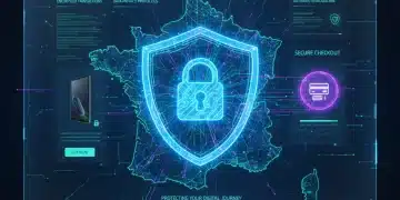 Illustration de la cybersécurité dans l'e-commerce en France, avec un bouclier numérique protégeant un site de vente en ligne.