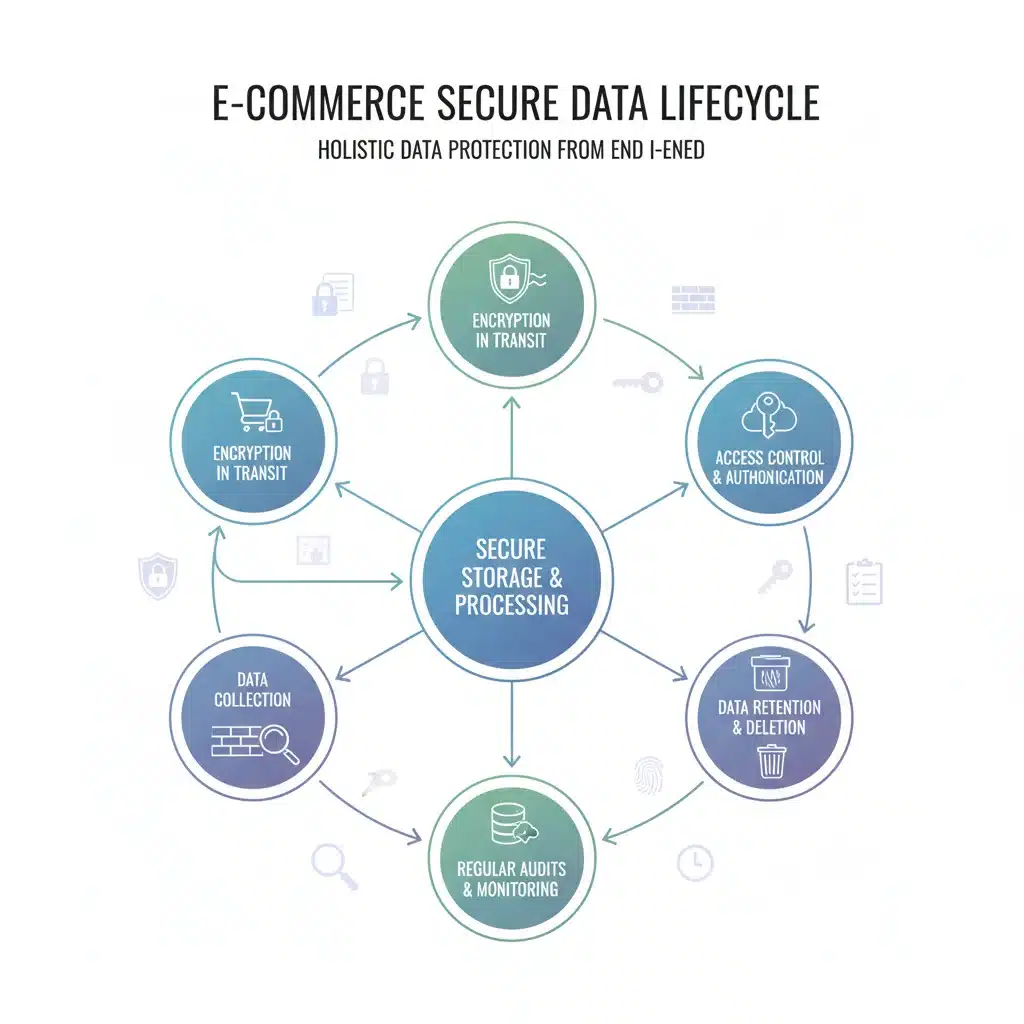 Schéma illustrant le cycle de vie sécurisé des données clients en e-commerce, de la collecte à la suppression.