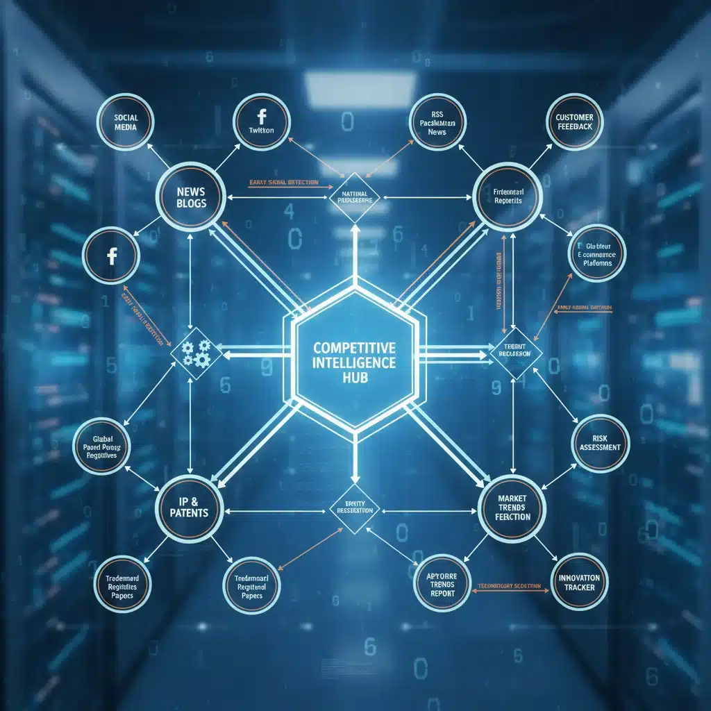 Diagramme de sources de données interconnectées pour la veille concurrentielle.