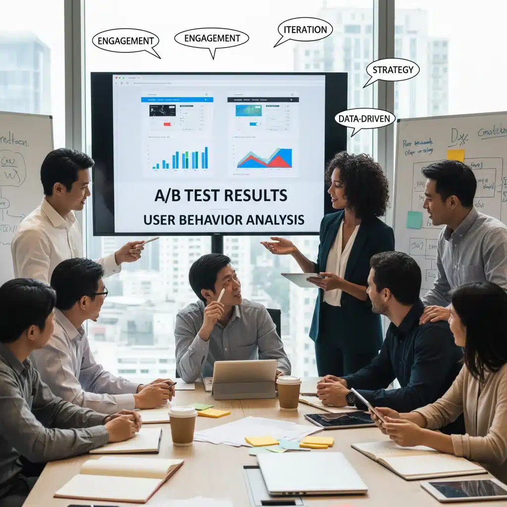 Équipe d'experts UX et marketing analysant des résultats de tests A/B pour améliorer l'expérience utilisateur.