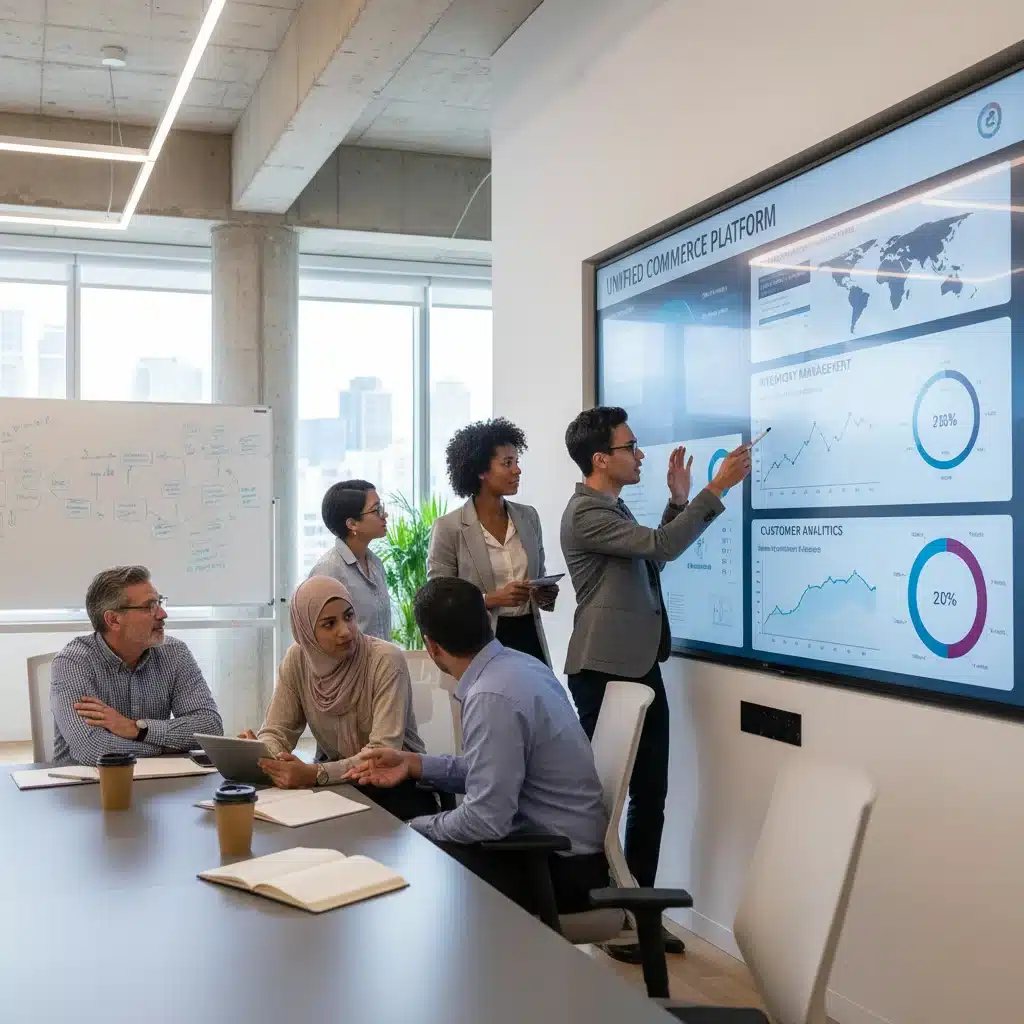 Équipe d'experts analysant les données d'une plateforme de commerce unifié pour optimiser la stratégie omnicanale.