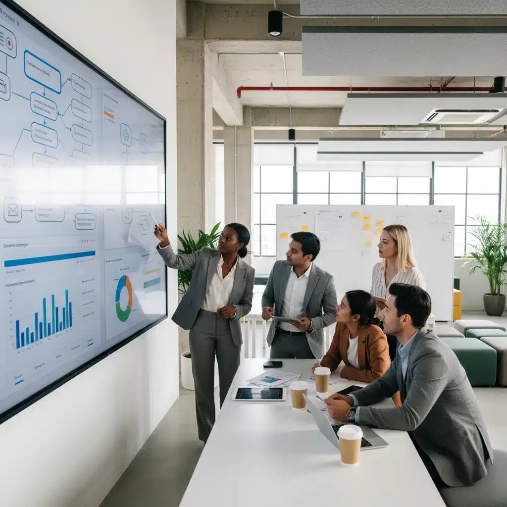 Équipe marketing collaborant autour d'un flux de travail d'automatisation complexe