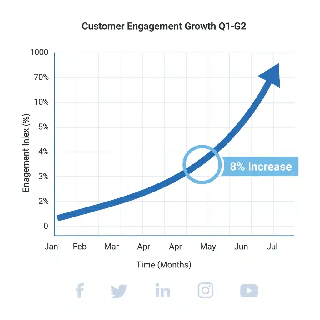 Graphique montrant l'augmentation de 8% de l'engagement client grâce aux réseaux sociaux omnicanal