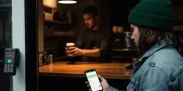 Image d'un client récupérant une commande de café préparée via application, illustrant le parcours omnicanal fluide du numérique au physique.