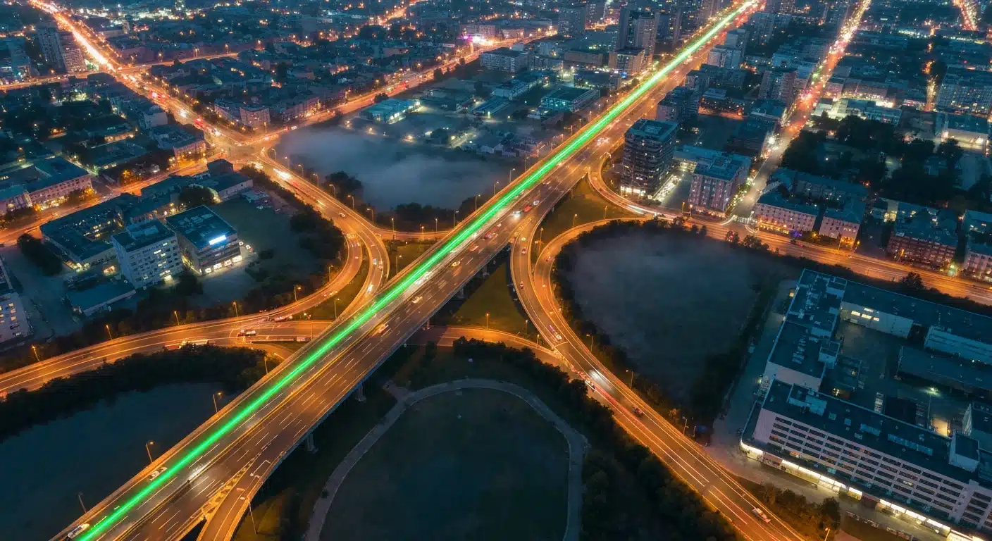 Vue aérienne d'un réseau urbain complexe au lever du soleil avec des routes éclairées, symbolisant les parcours clients omnicanal fluides et interconnectés. Une ligne verte symbolise l'intégration.