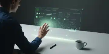 Une personne vue de dos, analysant une projection holographique complexe de données d'analyse concurrentielle et de flux UX sur un bureau blanc.
