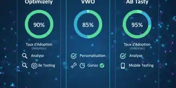 Infographie comparative des outils de test A/B pour l'UX en France, avec des icônes de fonctionnalités et un indicateur de ROI sur 6 mois.