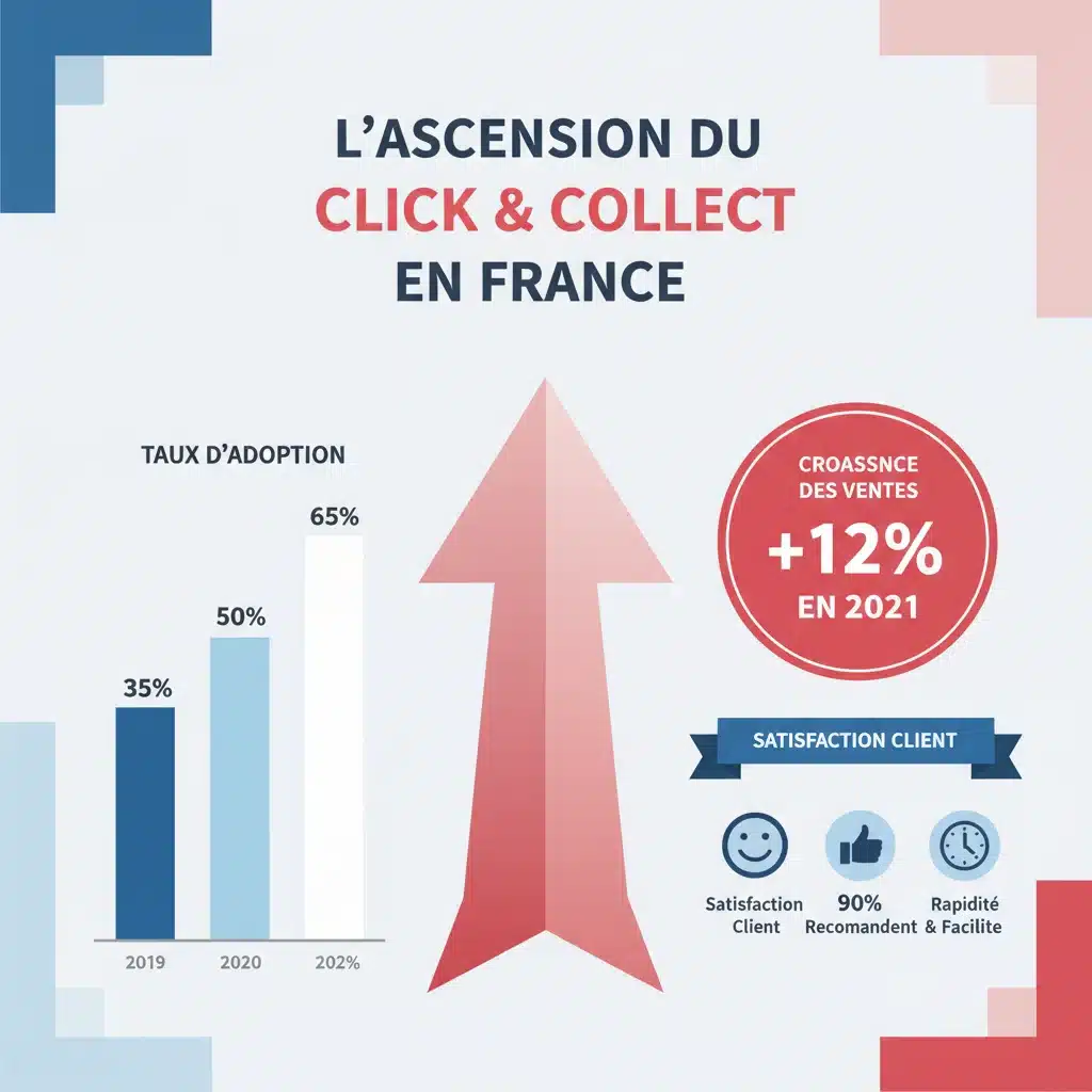 Infographie présentant la croissance du Click & Collect en France, avec des chiffres clés sur l'adoption et l'augmentation des ventes.