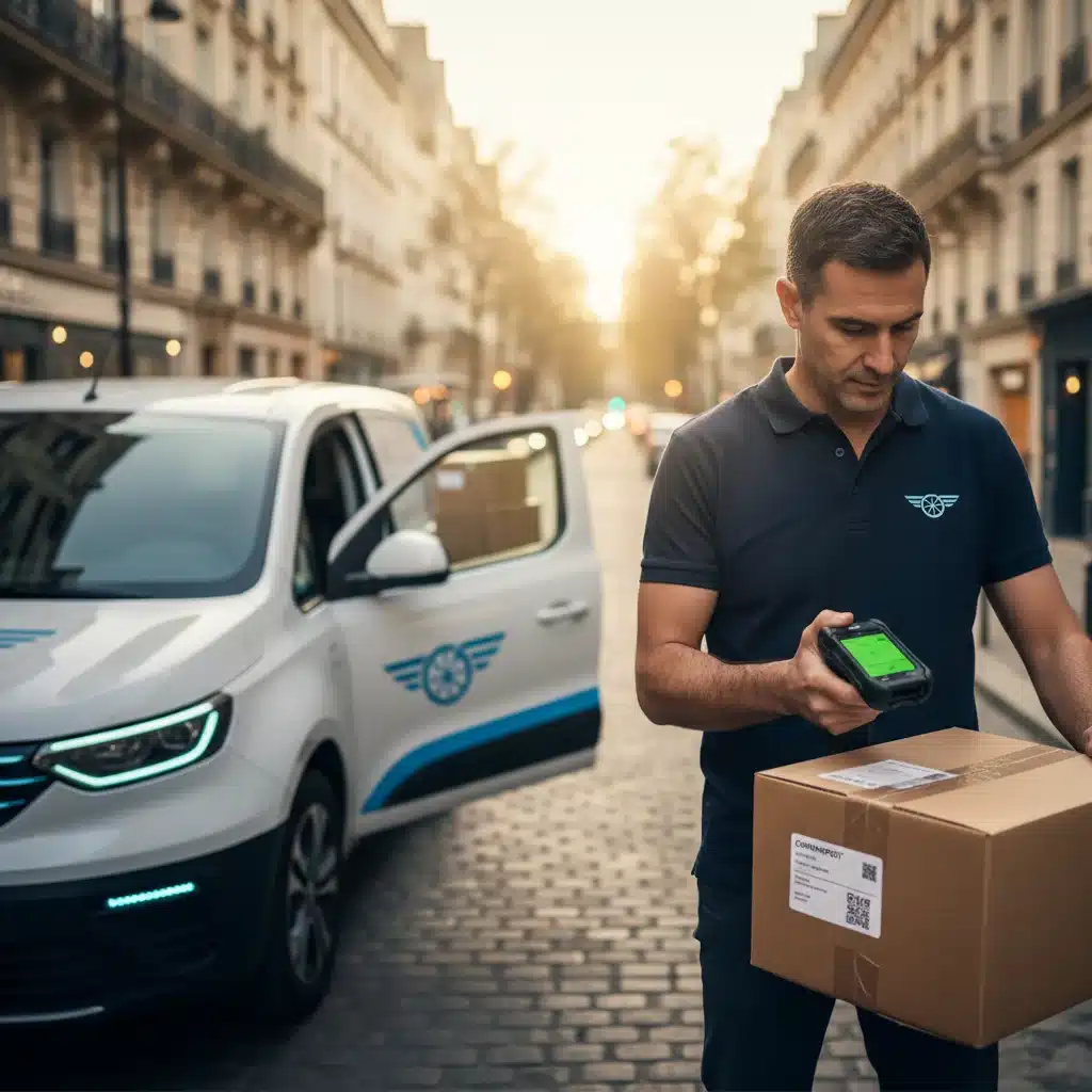 Livreur scannant un colis avec un appareil, près d'un véhicule de livraison électrique en ville.
