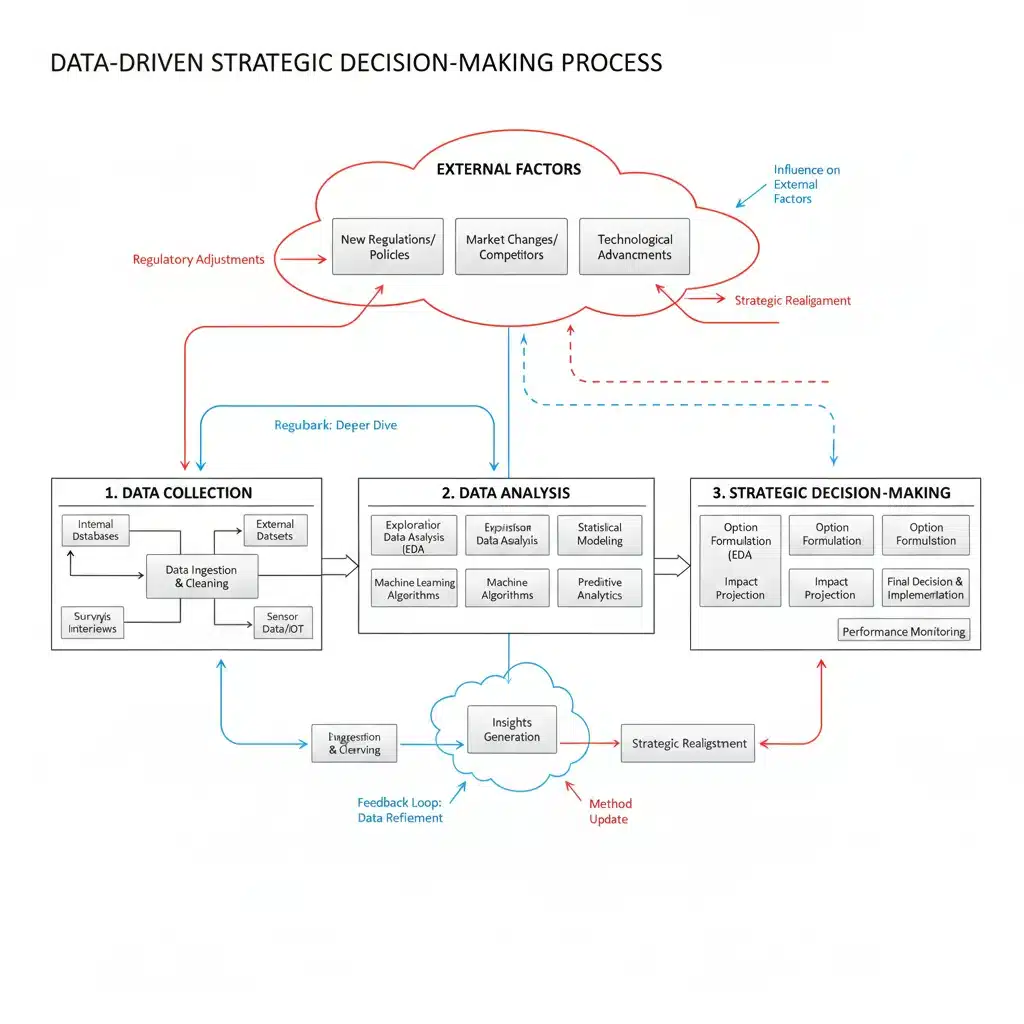 Diagramme complexe montrant le processus d'analyse des données et de prise de décision stratégique en réponse aux réglementations.