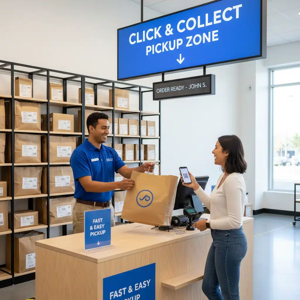 Représentant de marque aidant un client dans une zone de retrait Click & Collect dédiée, soulignant un service client efficace.