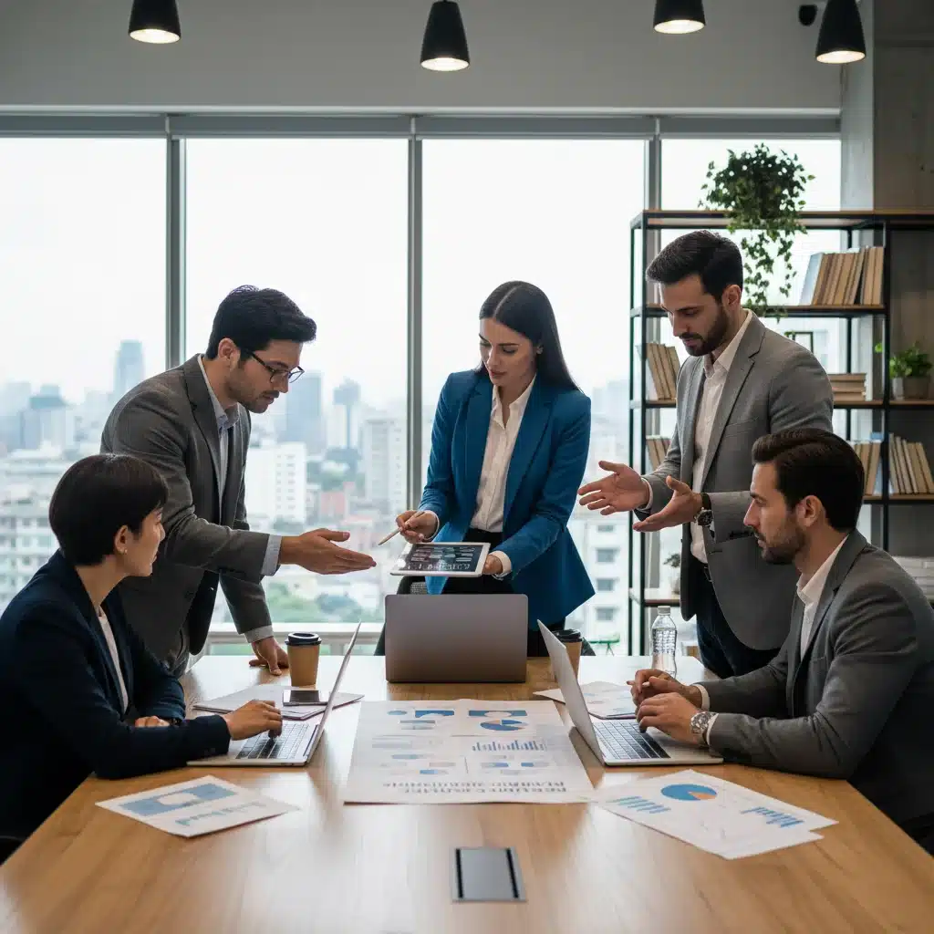 Professionnels en discussion stratégique, analysant l'impact des nouvelles réglementations sur leur marché et leur compétitivité.