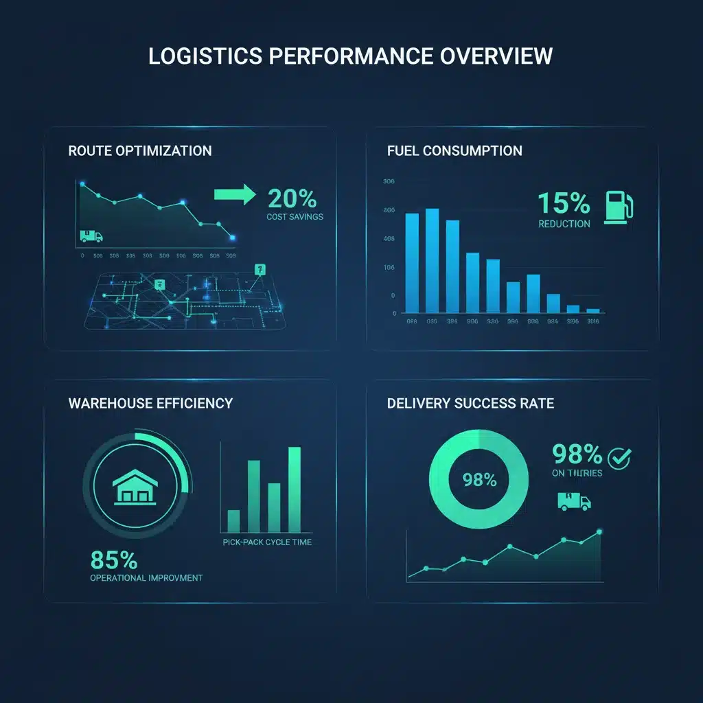 Tableau de bord numérique affichant des métriques d'optimisation logistique et des économies de coûts.
