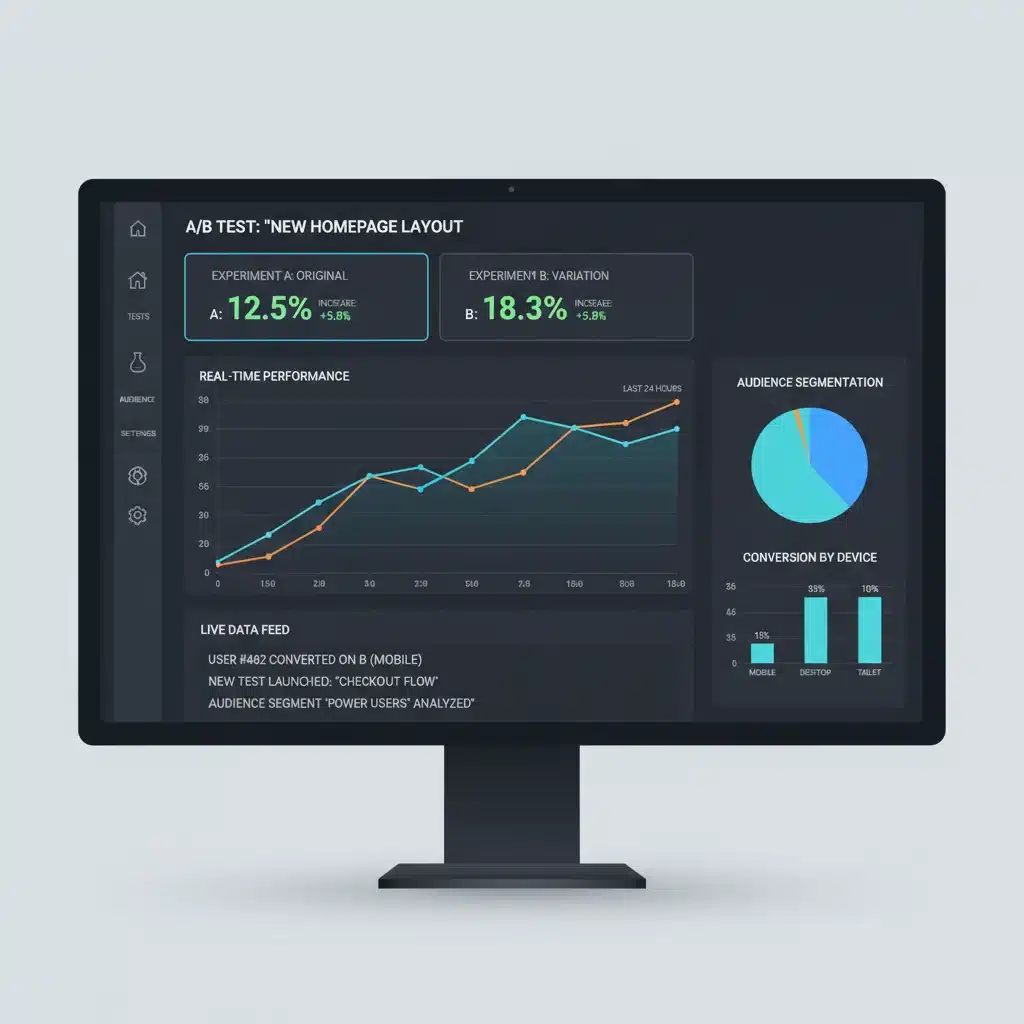 Tableau de bord intuitif d'un outil de test A/B affichant des métriques de conversion et des résultats en temps réel.