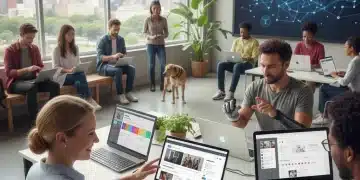Groupe diversifié utilisant des appareils numériques accessibles, symbolisant l'inclusion et la conformité aux normes d'accessibilité numérique 2026 en France.