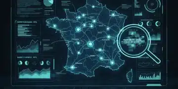 Carte numérique futuriste représentant l'analyse concurrentielle du marché français en 2026, avec des données et des graphiques.