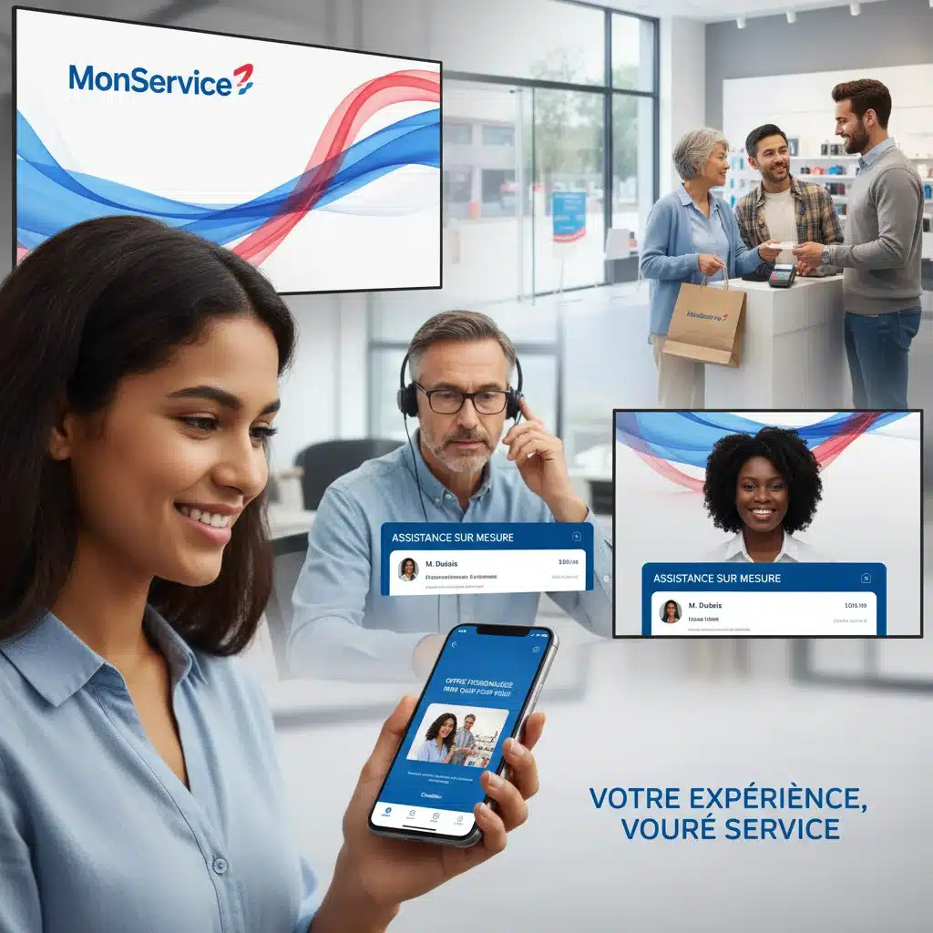 Clients français interagissant avec différents points de contact omnicanaux: mobile, service client, magasin.