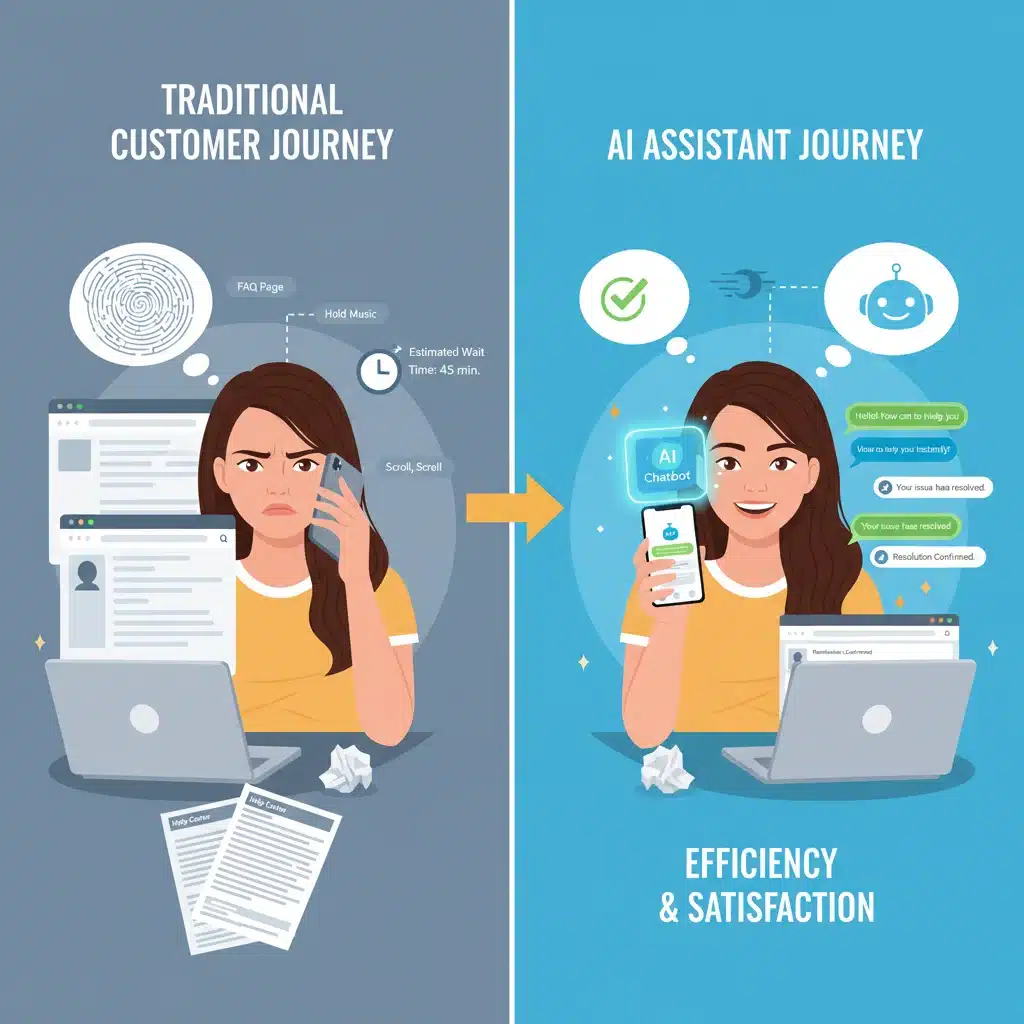 Comparaison de l'expérience client avant et après l'intégration de l'IA conversationnelle, illustrant l'efficacité.