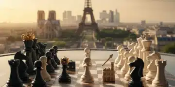 Échiquier de stratégie d'entreprise avec la Tour Eiffel en arrière-plan, symbolisant l'anticipation des rivaux en France.