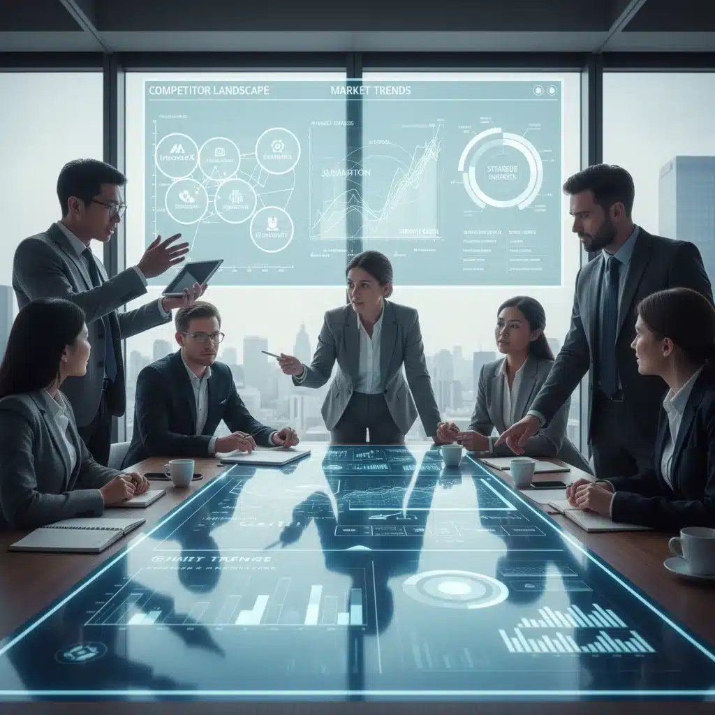 Équipe analysant des données concurrentielles sur un écran interactif, symbolisant la collaboration stratégique.