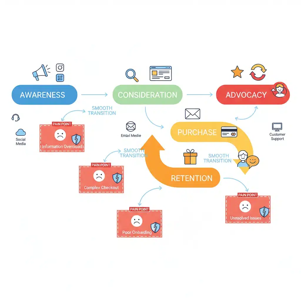 Schéma illustrant les différentes étapes d'un parcours client digital avec les points de contact clés.