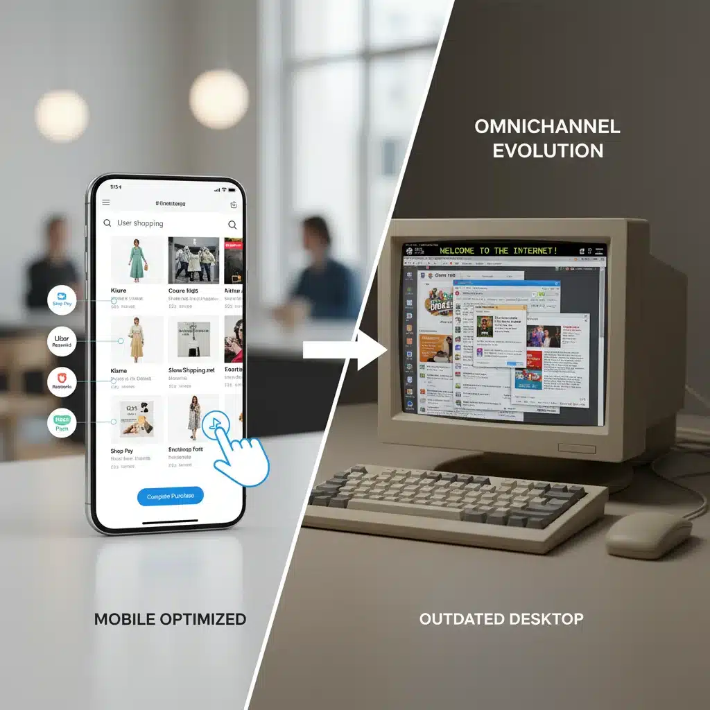 Expérience d'achat mobile fluide comparée à une interface desktop obsolète