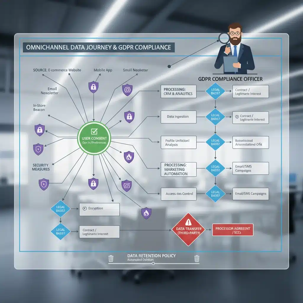 Schéma complexe du parcours des données personnelles dans un écosystème omnicanal, illustrant les points de consentement et de traitement.