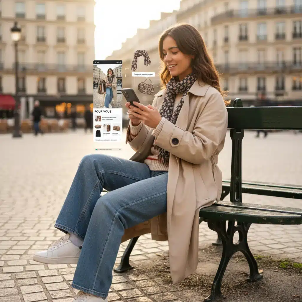 Jeune de la Génération Z en France utilisant une application mobile avec des fonctionnalités de réalité augmentée et une personnalisation avancée.