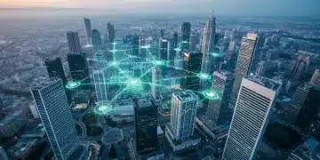 Vue aérienne drone d'une ville numérique complexe et interconnectée à l'aube, symbolisant la synergie entre l'analyse concurrentielle, l'UX et les ventes omnicanal.