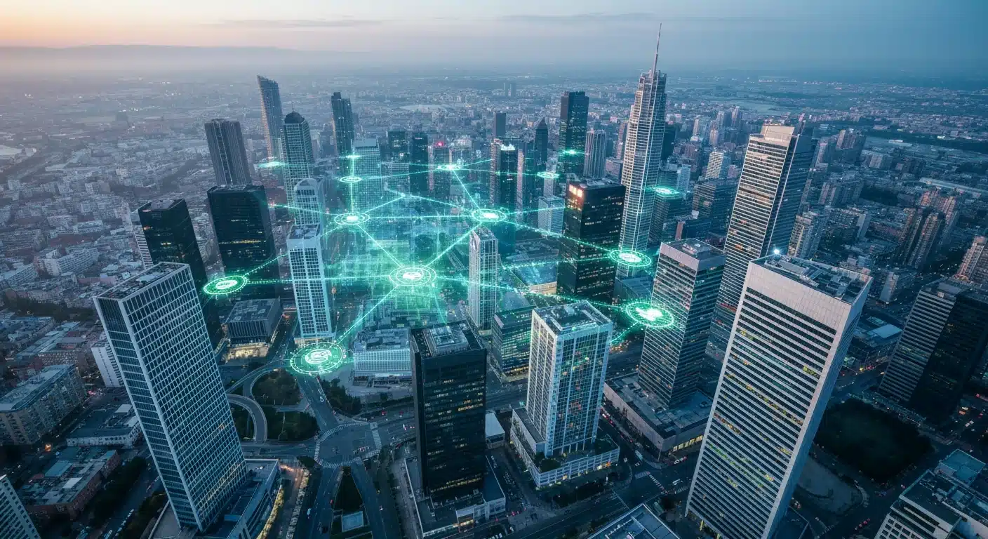 Vue aérienne drone d'une ville numérique complexe et interconnectée à l'aube, symbolisant la synergie entre l'analyse concurrentielle, l'UX et les ventes omnicanal.