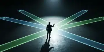 Un individu se tenant à l'intersection de chemins lumineux interconnectés sur un sol en béton poli, symbolisant le parcours client omnicanal fluide.