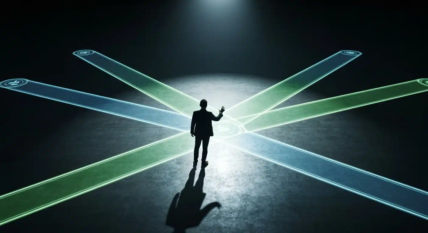 Un individu se tenant à l'intersection de chemins lumineux interconnectés sur un sol en béton poli, symbolisant le parcours client omnicanal fluide.