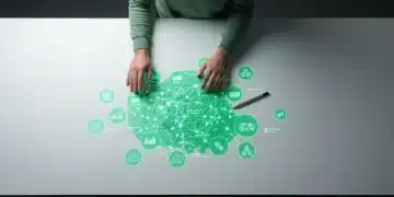 Un expert analyse une carte holographique verte complexe du paysage concurrentiel digital sur une table blanche, illustrant l'écosystème des stratégies numériques des rivaux.