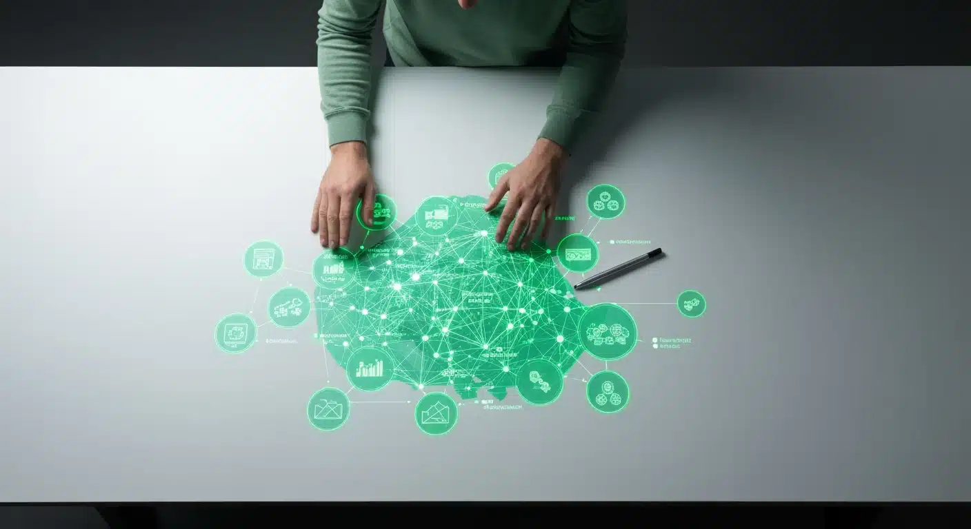 Un expert analyse une carte holographique verte complexe du paysage concurrentiel digital sur une table blanche, illustrant l'écosystème des stratégies numériques des rivaux.