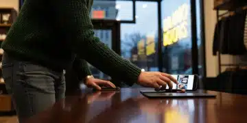 Une personne, portant un pull vert forêt, tient un smartphone affichant une page produit et tend la main vers le produit réel sur une table en bois foncé dans un magasin, illustrant une expérience d'achat omnicanal fluide.