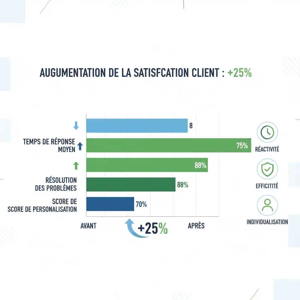 Infographie détaillant l'augmentation de 25% de la satisfaction client grâce à l'IA conversationnelle en e-commerce.